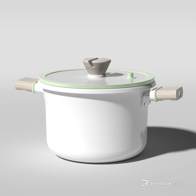 Modern Kitchen Pot with White Body Green Lid and Wooden Handles 3d model 
