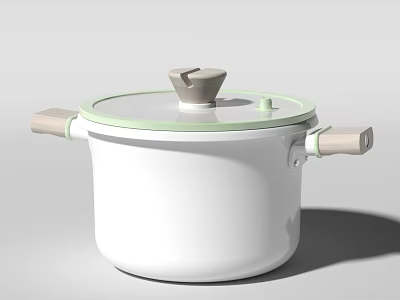Modern Kitchen Pot with White Body Green Lid and Wooden Handles 3d model
