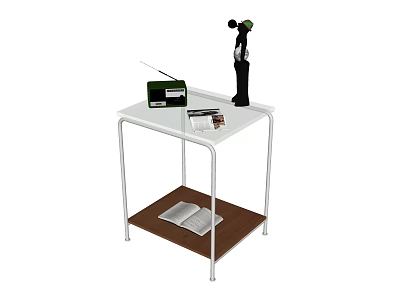 Side Table with White Top Metal Frame Lower Brown Shelf Green Radio Open Magazine 3d model