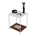 Side Table with White Top Metal Frame Lower Brown Shelf Green Radio Open Magazine