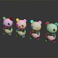 Four Cute Game Movie Character Pandas Standing on Dark Background with Reflections