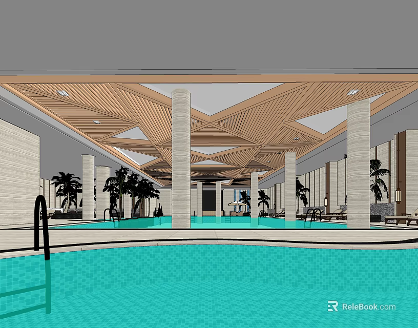 Indoor Swimming Pool Interior With Wooden Ceiling Columns Palm Trees And Lounge Chairs 3d model 