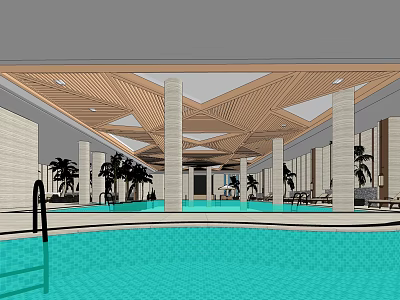 Indoor Swimming Pool Interior With Wooden Ceiling Columns Palm Trees And Lounge Chairs 3d model