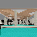 Indoor Swimming Pool Interior With Wooden Ceiling Columns Palm Trees And Lounge Chairs