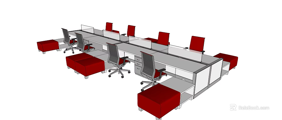 Modern Office Desk Setup With Divided Workstations Red Chairs And Ottomans 3d model
