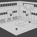 Basketball Court Interior With Wooden Floor Basketball Hoops Scoreboard And Chairs