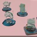 Transparent Tech Inspired Display Stands With Blue Base And Various Items 3d model