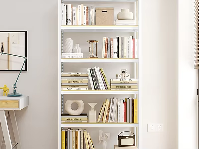 Modern White Wardrobe With Open Shelves Books Decorative Items And Desk Lamp 3d model