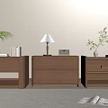 Modern Wooden Bedside Tables With Plants Lamp Books And Minimalist Design