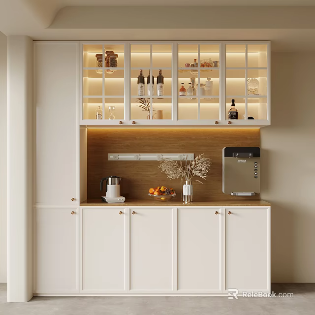 Modern Kitchen Interior With White Cabinets Glass Front Upper Cabinets Coffee Maker Fruits And Lighting 3d model 