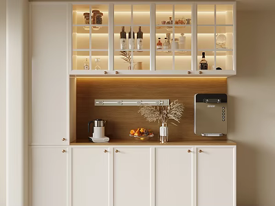 Modern Kitchen Interior With White Cabinets Glass Front Upper Cabinets Coffee Maker Fruits And Lighting 3d model