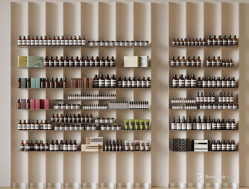 Neatly Organized Shelves Displaying Various Bottles In Orderly Arrangement 3d model 