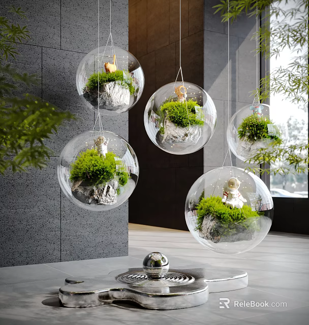 Indoor Landscape With Hanging Transparent Spherical Glass Orbs And Green Plants 3d model 