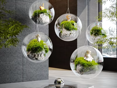 Indoor Landscape With Hanging Transparent Spherical Glass Orbs And Green Plants 3d model
