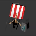 Viking Wooden Ship With Red And White Striped Sail And Dragon Head On Blue Waves With Reflection