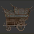 Cartoon Scene Featuring Wooden Carriage with Arched Roof Colorful Fabric and Decorative Patterns