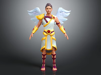 Winged Fantasy Character In White Robe With Golden Accents And Celestial Wings Render 3d model