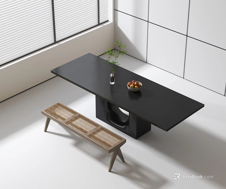 Modern Black Dining Table Set Interior with Rattan Bench White Wall and Window 3d model 
