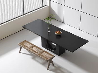 Modern Black Dining Table Set Interior with Rattan Bench White Wall and Window 3d model