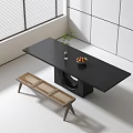 Modern Black Dining Table Set Interior with Rattan Bench White Wall and Window