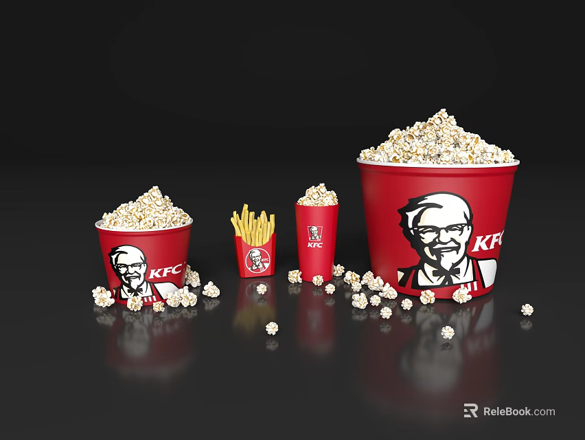 KFC Red Containers Featuring Popcorn French Fries Small Drinks And Scattered Popcorn Pieces 3d model 