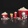 KFC Red Containers Featuring Popcorn French Fries Small Drinks And Scattered Popcorn Pieces