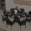 Elegant Modern Round Dining Table Set With Black Chairs Vase Tableware And Chinese Wall Decor 3d model