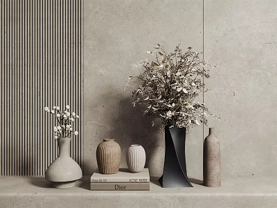 Decorative Ornament Set With Vases Dried Flowers Ceramic Jars Books On Gray Striped Wall Countertop 3d model