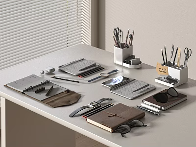Neat Notebook Setup with Stationery Pens Scissors and Glasses on Office Desk 3d model