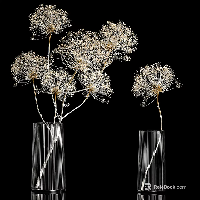Tall Transparent Striped Vases With Delicate Feathery White Flowers Against Black Background 3d model 