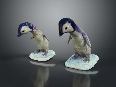 Two penguin chicks with purple and white feathers standing on ice-like bases against dark background 3d model