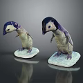 Two penguin chicks with purple and white feathers standing on ice-like bases against dark background