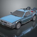 Iconic Blue DeLorean Car With Gull Wing Doors Roof Mounted Device And Silver Accents