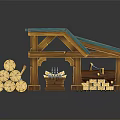 Cartoon Wooden Cabin Scene With Blue Roof And Stacked Wooden Logs