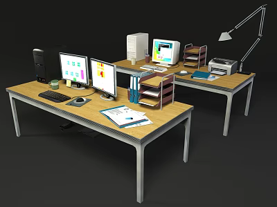 Modern Office Desk Setup With Dual Monitors Desk Lamp File Organizer And Printer 3d model