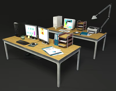 Modern Office Desk Setup With Dual Monitors Desk Lamp File Organizer And Printer 3d model