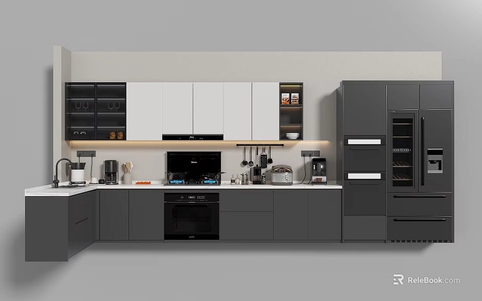 Sleek Modern Kitchen Interior With Grey White Cabinets Black Oven And Appliances 3d model 