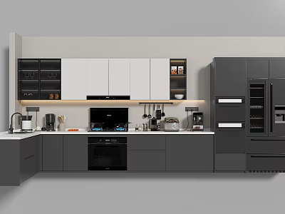 Sleek Modern Kitchen Interior With Grey White Cabinets Black Oven And Appliances 3d model