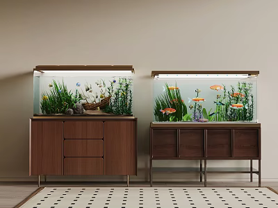 Fish Tanks On Wooden Cabinets With Plants Colorful Fish Light Walls And Patterned Floor 3d model