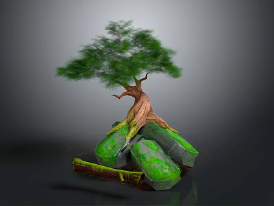 Cartoon Scene Featuring Unique Tree With Green Leaves And Green Rocks Around Roots 3d model