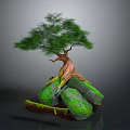 Cartoon Scene Featuring Unique Tree With Green Leaves And Green Rocks Around Roots