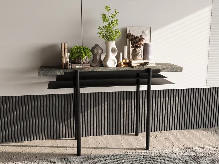 Modern Entryway Console Table With Green Plants Vases Books And Photo Frame 3d model 