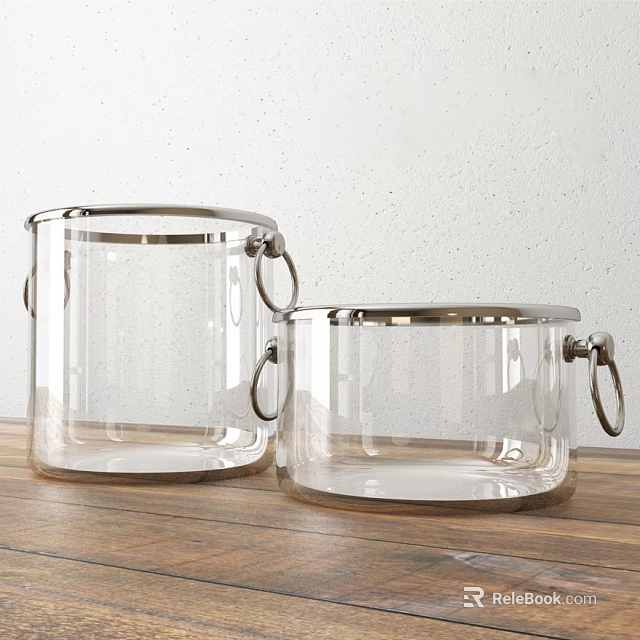 Two Clear Ceramic Vessels With Metal Ring Handles On Wooden Tabletop And White Wall 3d model 