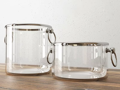 Two Clear Ceramic Vessels With Metal Ring Handles On Wooden Tabletop And White Wall 3d model