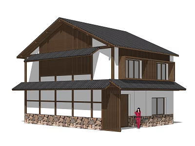Modern Detached Villa With Wooden Exterior Stone Base And Sloped Tile Roof 3d model