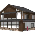 Modern Detached Villa With Wooden Exterior Stone Base And Sloped Tile Roof