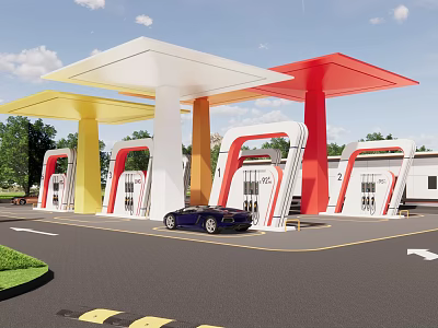 Colorful Gas Station With Yellow Red White Canopies Fuel Pumps And Black Car 3d model