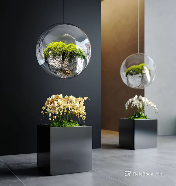 Indoor Landscape With Hanging Glass Orbs Green Plants Stones Black Square Planters Yellow White Orchids 3d model 