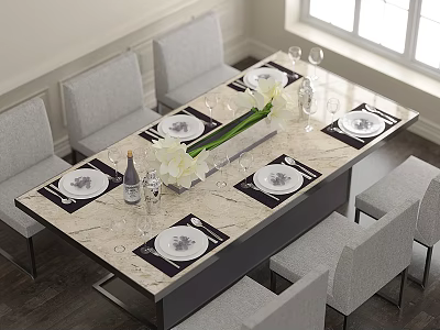 Stylish Dining Table Set With Gray Chairs Marble Top White Flowers And Tableware 3d model