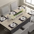 Stylish Dining Table Set With Gray Chairs Marble Top White Flowers And Tableware 3d model